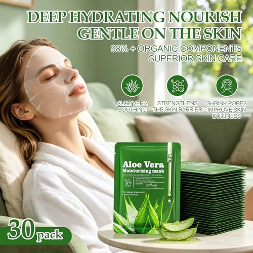 Aloe Vera Hydrating Face Sheet Masks - 30 Pack Soothing Skincare Set