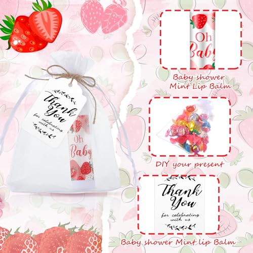 50-Pack Strawberry Lip Balm Favors with Organza Bags, Thank You Cards for Baby Shower & Gender Reveal