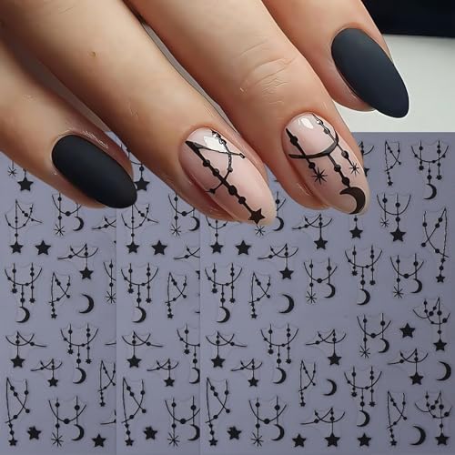 6 Sheets 3D Black Silver Star & Moon Nail Art Stickers