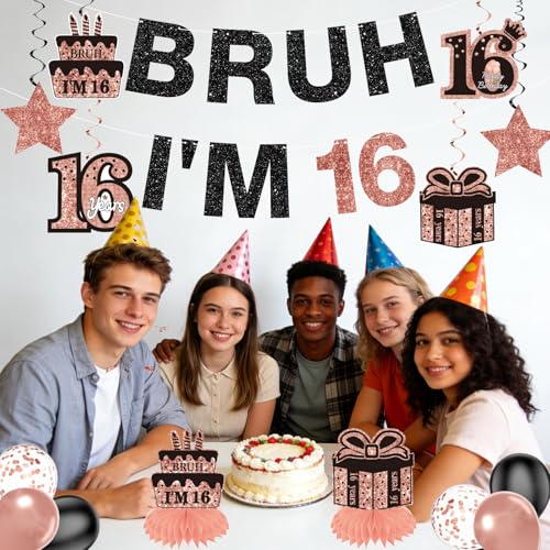 Rose Gold & Black 16th Birthday Decoration Kit - 15 Pcs