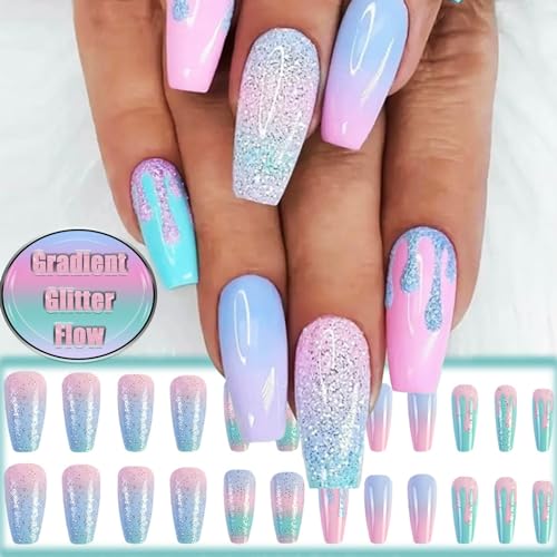 24Pcs Rainbow Gradient Coffin Nails - Sparkly Macaron Design