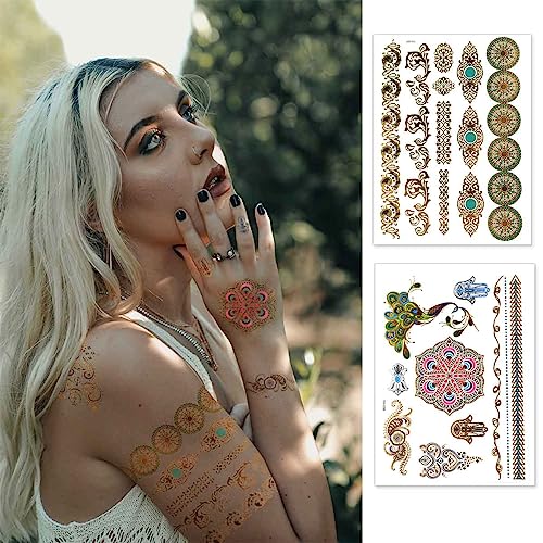 12 Sheets Gold & Silver Metallic Temporary Tattoos - Waterproof & Long Lasting