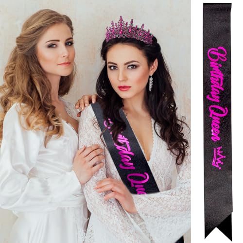 VELSCRUN Rose Red Birthday Queen Tiara with Sash - Elegant Rhinestone Crown Hair Accessories