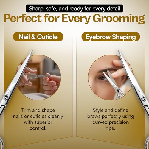 Krisp Beauty Stainless Steel Grooming Scissors Set - 4.5" Facial Hair, Nail & Cuticle Trimming Kit