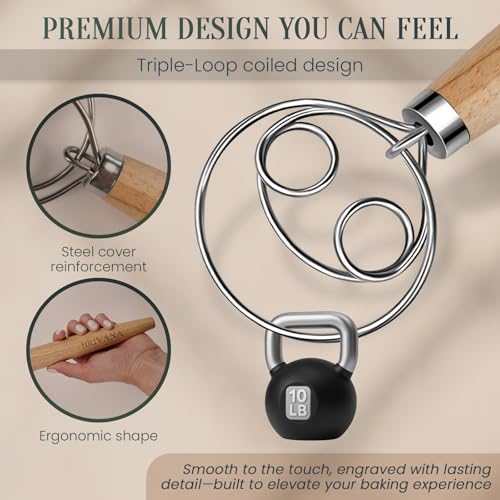 Danish Dough Whisk 13-Inch - Double Loop Bread Mixer with Wooden Handle