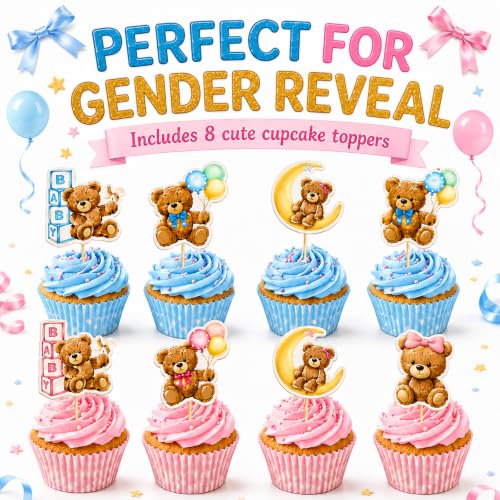 Gender Reveal Cake Decorations Kit - 36 PCS Teddy Bear Theme