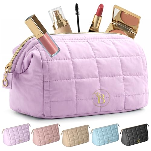 Quilted Pink Makeup Bag for Women - Travel Toiletry Organizer