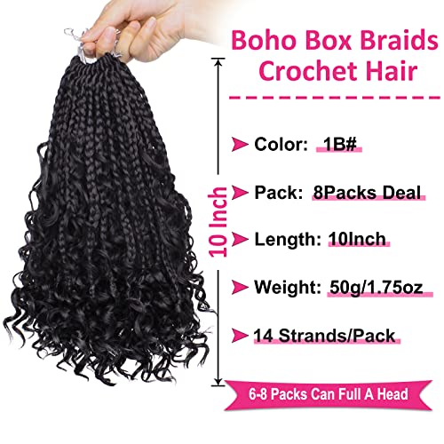 Union Beauty 10 Inch Boho Box Braids Crochet Hair with Curly Ends, 8 Packs