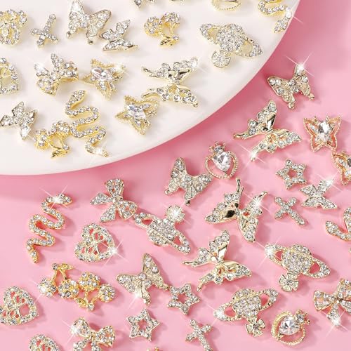 Cublive 24PCS Y2K Nail Charms with Rhinestones - Heart, Butterfly & Cherry