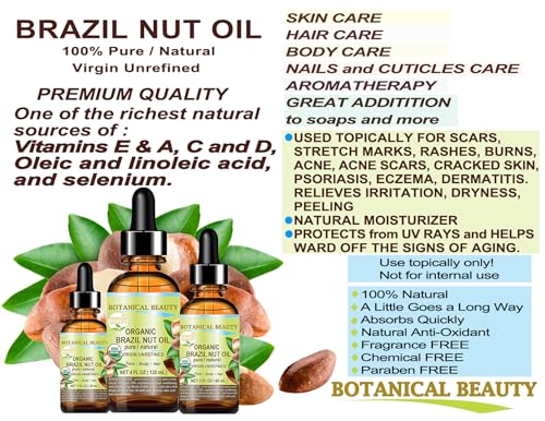 Botanical Beauty Organic Brazil Nut Oil - 2 Fl Oz for Skin, Hair, and Nails
