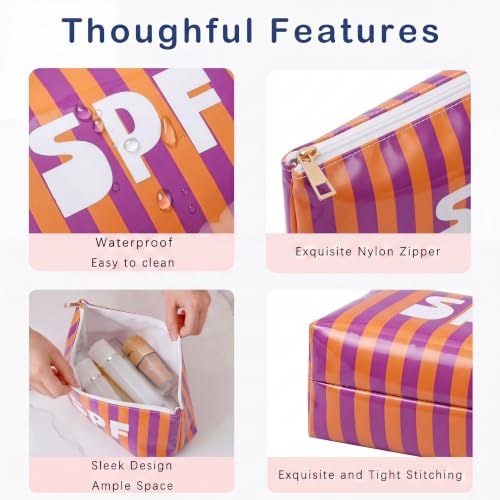15SPF Orange Waterproof Striped PVC Makeup Bag Large Capacity Travel Organizer