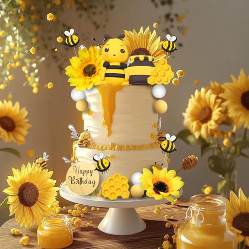 17 PCS Bee Cake Toppers Set for Honeycomb Birthday Party