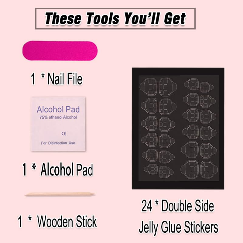Ombre Pink White Press-On Nails with Rhinestones - 24 Pcs