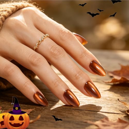 Beetles Cat Eye Press On Nails Short Almond Pumpkin Spice Halloween 3A Burnt Caramel S