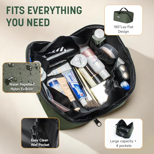 Wrangler Olive Travel Toiletry Bag for Men & Women, Large Capacity Waterproof Cosmetic Organizer with 4 Pockets & 180° Flat Design