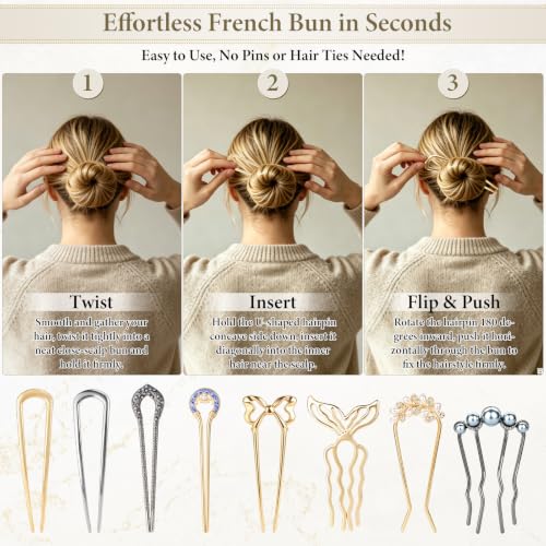 Vintage Metal French Hair Pins - Set of 8 for Elegant Hairstyles