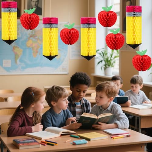 FOIMAS 12pcs Back to School Honeycomb Decorations - Apple & Pencil