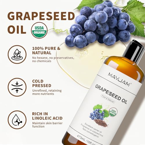 MAYJAM Organic Grapeseed Oil 473ml/16 Fl oz for Skin & Hair Care, USDA Certified, Cold Pressed, Unrefined