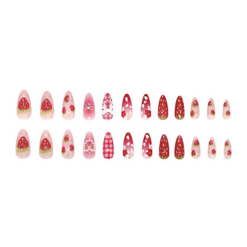 Strawberry Flower Press-On Nails - 24Pcs Medium Almond Acrylic Nails with 3D Heart Pearls & Bow Charms | Pink Gradient Glossy