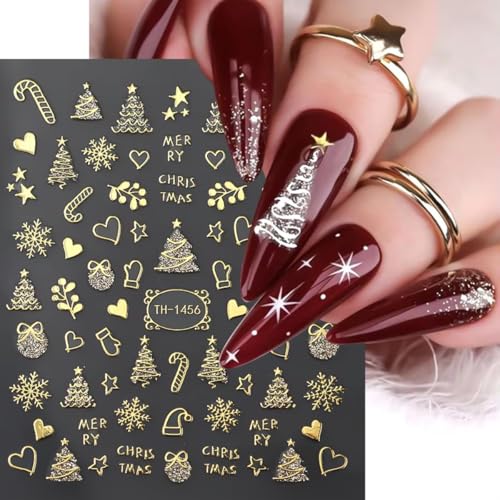 POWPOP Xmas Design2 8 Sheets 3D Gold Nail Stickers – Snowflake, Tree, Candy Cane Christmas Nail Art