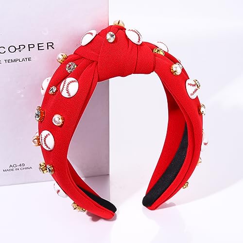 Red Baseball Knotted Headband with Rhinestones, Pearls, and Charms