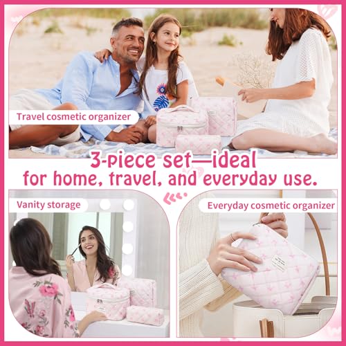 3pcs Pink Slimbow Cotton Quilted Makeup Bag Set for Travel