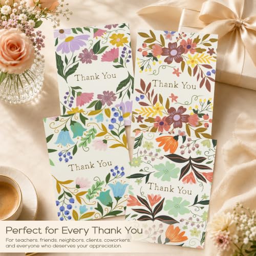 Thank You Cards Set - 12 Floral Design Cards with Envelopes & Stickers | 5x7 Gold Foil