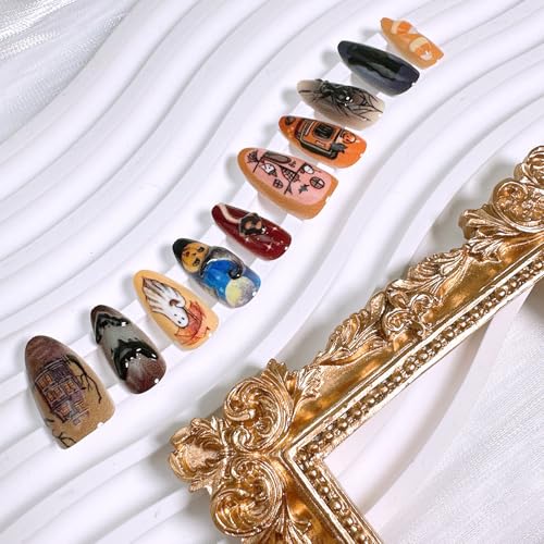 30Pcs Halloween Press On Almond Nails with 3D Spider & Bat Designs
