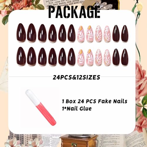 IMSOHOT Fall Brown White Maple Leaf Fake Nails - Medium Almond Press-On 24Pcs B012Brown