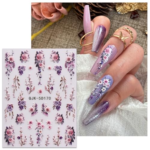 JMEOWIO 3D Floral Nail Art Stickers - Self-Adhesive Decals, 4 Sheets