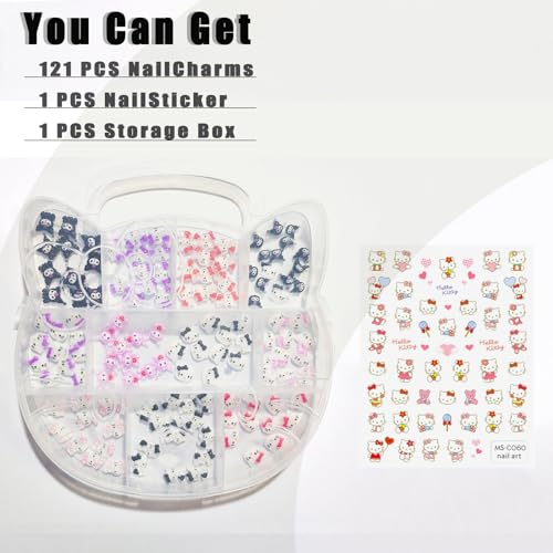 122PCS Kawaii Kitty Nail Charms & Stickers for Nail Art & DIY Decor