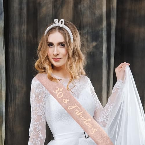 30th Birthday Headband, Sash & Pearl Pin Set - Party Decorations for Her