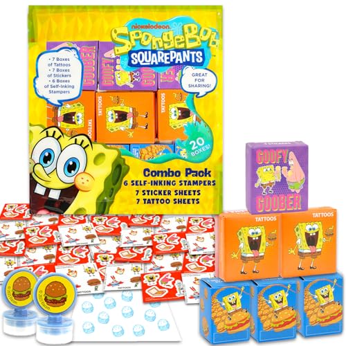 Spongebob Party Favors Bundle for 20 Guests - Boxes with Stickers, Tattoos, & Stampers