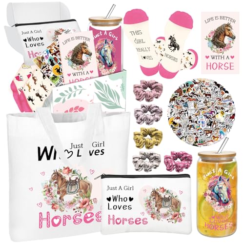 Horse Lover Gift Set for Women - Glass Cup, Tote Bag, Makeup Bag & More