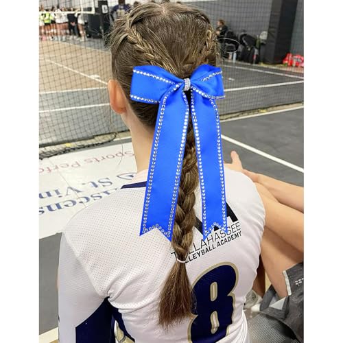 Royal Blue Cheer Bows 12 pcs Collegiate Style Rhinestone Ponytail Holders Girls Teens