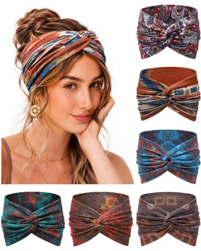 REOTECALL Extra Wide Green Headbands for Women - 6 Pack Non-Slip Boho Bandana
