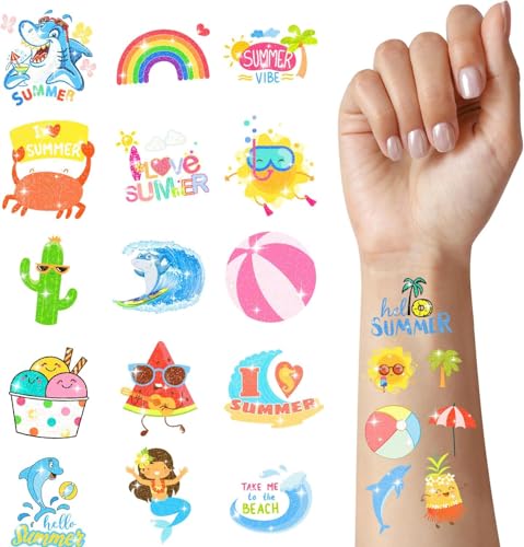 120 Glitter Summer Temporary Tattoos for Kids - Pool Party Favors