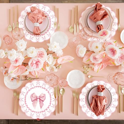 50 Pink Bow Disposable Paper Placemats - 13.4 Inch Round Table Mats for Parties