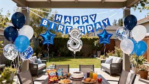 Blue 8th Birthday Decorations Set - Banner & Balloons