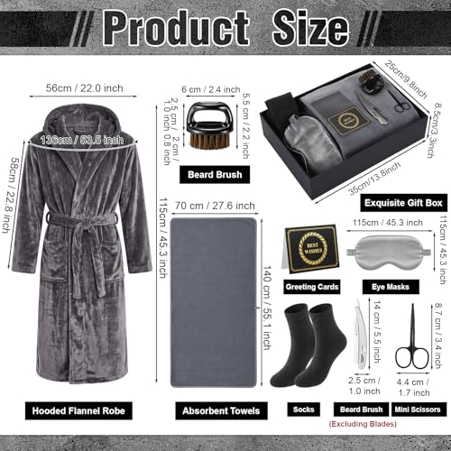 9 Pcs Birthday Gifts for Men Beard Care Set for Him Father's Gifts Basket Kit Get Well Soon Gift Basket with Hooded Robe, Long Towel, Socks for Dad Grandpa Husband Boyfriend(Dark Grey)