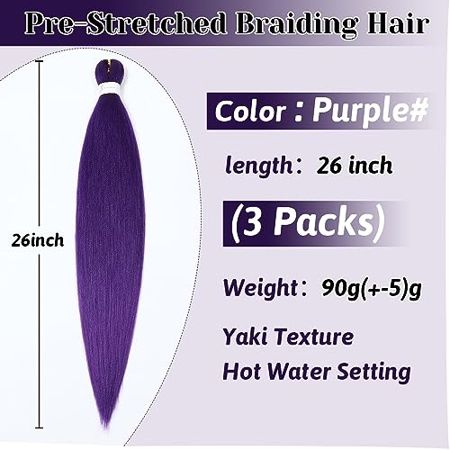 26 Inch Purple Pre-Stretched Braiding Hair Extensions - 3 Packs