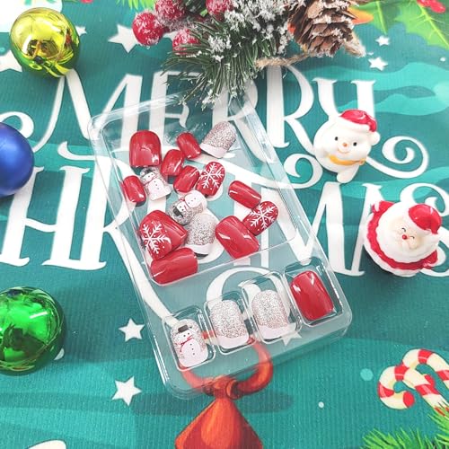 MAOTTIE Christmas Press On Nails Snowflake Glitter Snowman Short Square Fake Nails Red Xmas 24Pcs