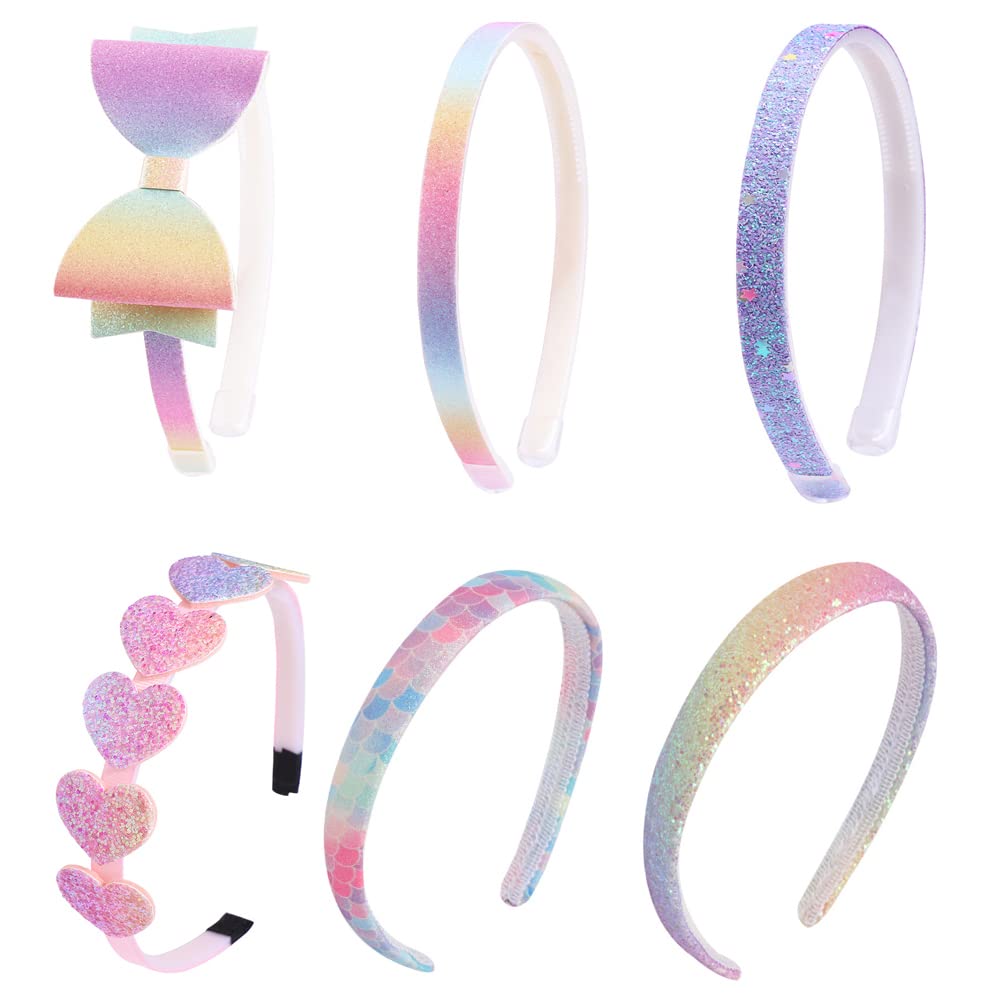 Lizioo 6 pack Girls Headbands Glitter Kids Hair Accessories Bow/Heart/Star Shaped Sweet Hairband For Toddler/Girls/Teens