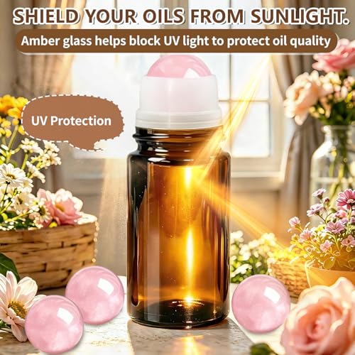 50ml Amber Glass Roll-On Bottle with Rose Quartz Ball - Pink/Pink