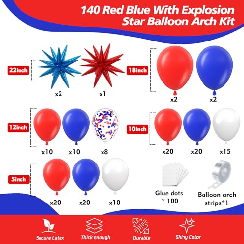 Red White Blue Balloon Arch Kit - 140 Pcs for 4th of July Parties