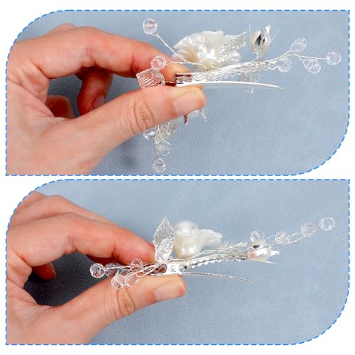 Sorcristy Bridal Flower Hair Clips Set - White Pearl & Silver Leaf Vine