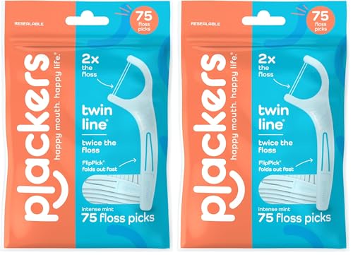 Plackers Twin Line Dental Floss Picks - Mint - 75 Count (Pack of 2)
