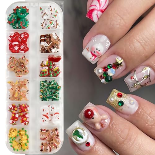 12 Grids Christmas Nail Art Charms Xmas 3D Resin Cute Santa Claus Elk