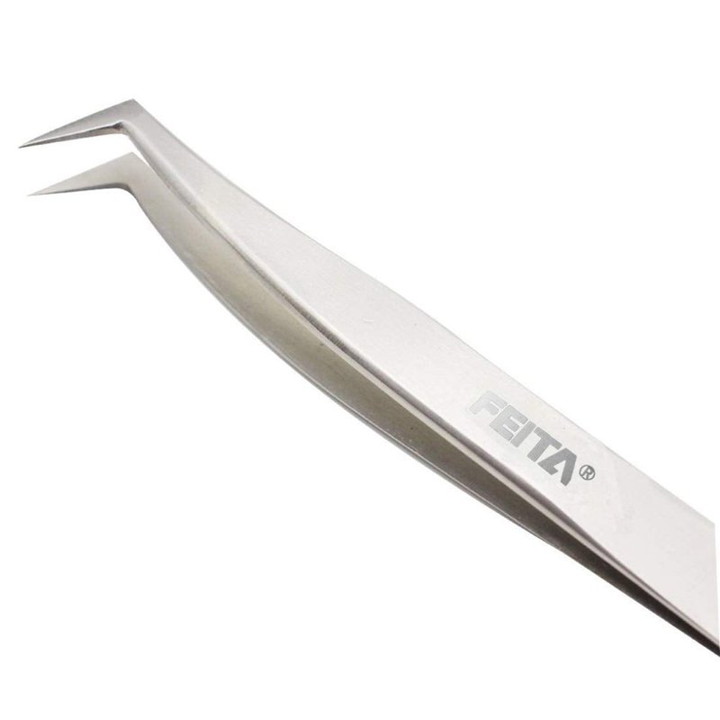 Eyelash Tweezers Set - FEITA Precision Eyelash Extension Tweezers - Professional Slant & Curved Pointed Very Fine Tip Tweezers for False Lashes - Silver - 2 Pcs