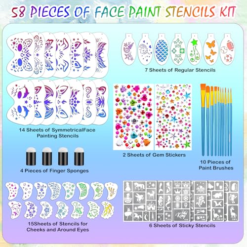 Yazhiji Complete Face Paint Stencil Kit - 58PCS for Makeup Fun
